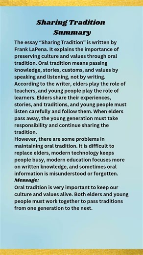 “Sharing Tradition Summary | class 11 | Easy Explanation by Frank LaPena”#shortsfeed #englishsummary