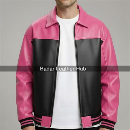 Pink and Black Men’s Genuine Leather Jacket With Zip Front and Contrast Panel Styling - Etsy UK