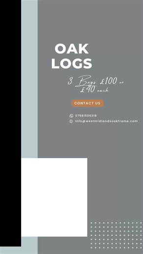 Keep your home warm this season with premium seasoned oak logs—perfect for wood burners, stoves and open fires. Prices: • £40 per bag • 3 bags for £100 (best value!) Other deals available — just ask! Call or text: 07581 506318 to place your order or for more details. Reliable service • Great value • Ready to burn | West Midlands Oak Frame Ltd