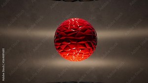 Red glossy sphere rotating slowly in the air, inside minimal space, with bump map applied, 3D animation camera zoom out slowly.