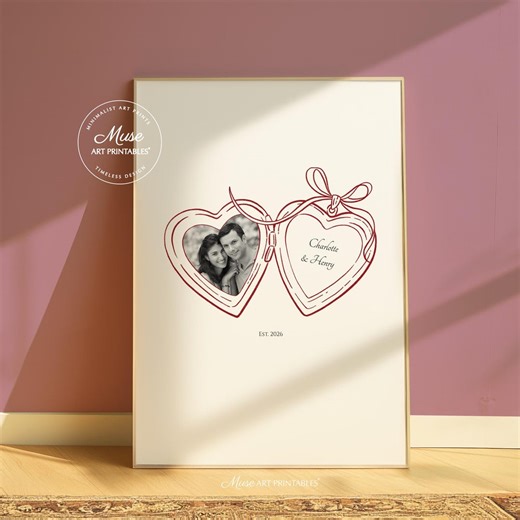 Personalized Heart Locket Couple Photo Print, Custom Initials Retro Design, Valentines Day Gift (canva Template) - Etsy