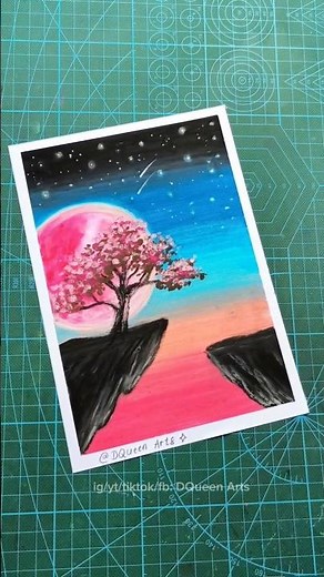 How to Draw a Pink Moon Landscape with Trees Using Oil Pastels 🌙 #art #drawing #drawingtutorial