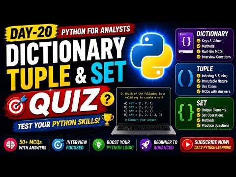 Day 20 Python Dictionary, Tuple & Set Quiz | 50+ MCQs with Answers | Day 20 | Python for Beginners