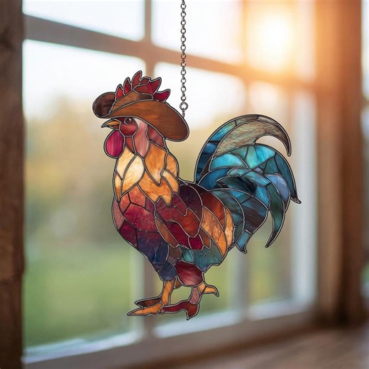Cowboy Rooster Suncatcher, Farmhouse Window Decor, Colorful Country Chicken Ornament, Western Rustic Home Gift for Farmer - Etsy