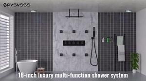 Luxury Shower System 16 Inch Black Full Body Thermostatic Shower System with Flow-Adjustable Body Jets, Rain Fog Overhead Shower and Handheld Spray, All Functions Can Work Simultaneously