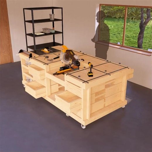DIY 4x8 ft Mobile Workbench Plans with T-Tracks #ad #dewalt #workbench #woodworking #diycrafts #diy