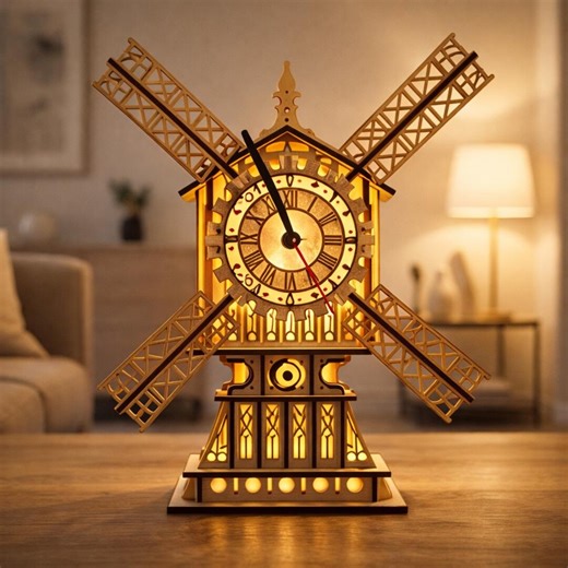 Windmill Gothic Clock SVG LBRN — Laser Cut Wood Table Clock LED Lantern Effect - Etsy