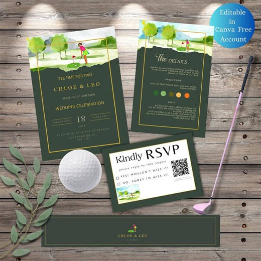 Heritage Green Golf Wedding Invitation Template, Elegant Dark Green and Gold Tee Time for Two Invite, Luxury Country Club Wedding Suite - Etsy