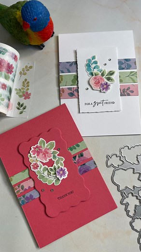 Don’t you wishy you had this washi? Because washi tape is translucent, the colour of whatever you stick it to shows through. For these cards, I have used Strawberry Slush, Gorgeous Grape and Granny Apple Green then cut each panel into strips. One of the cards uses 1 cm strips and the other uses 1.5 cm strips. I love that the pearlescent finish of the washing shows up more on a coloured piece. These cards use the Stampin’ Up! Extraordinary Flora washi tape which coordinates with a stamp set and d