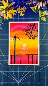 Ocean Sunset Art | Lamp🏮 Post & Tree Silhouette Drawing with Oil Pastels #oilpastels #art #shorts