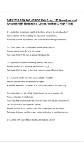 BSN 266 HESI V2 Exit Exam 2025 📘💡 150 Q&A with full rationales ✅ Perfect prep for nursing success 🚀 DM for access #HESIExitExam #NursingExamPrep #HESIV2 #NursingSchoolSuccess #FutureNurse