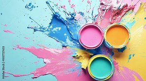 Brightly colored paint splatters from opened cans create a lively and inspiring artistic arrangement on a pastel background