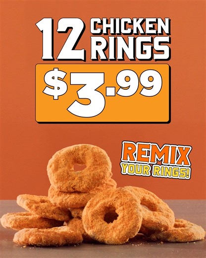 $3.99 gets you 12 Chicken Rings, including NEW Cheddar Blast Chicken Rings! The crispy and tender white meat chicken you love, dusted with bold cheesy flavor! | White Castle