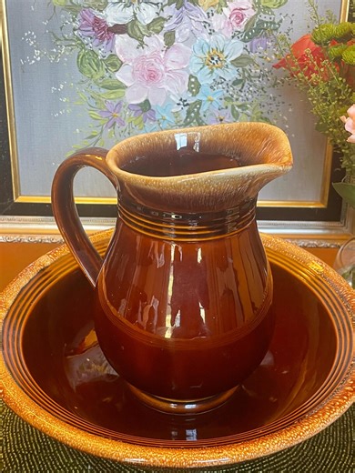 Vintage Hull Pottery Stoneware Brown Drip Pitcher / Vase and Washbasin Bowl • "house 'N Garden" • Made in USA - Etsy