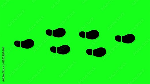 Footprints Walking Animation Human footprint 4K video. black trace of foot prints of person in boot and sneaker. Walk loop animation, graphic motion with green screen background.