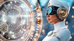 Futuristic cyborg interface activation with holographic display and digital gears animation