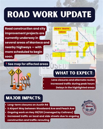 🚧 ROAD WORK UPDATE 🚧 Big changes are happening on the roads around Manteca, and we want you to be ready. 🗺️ Check the map below to see where construction is happening. We understand the inconvenience and appreciate your patience as we work to improve traffic flow and infrastructure across the city. 👇 Share this post to help your neighbors stay informed! | City of Manteca - Local Government