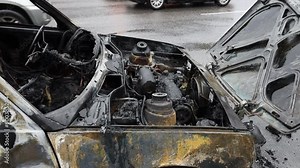 The car caught fire while driving on a road in the city. Traffic jam on the road. Severe vehicle damage.
