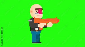 Shooting animation of flat cartoon game character. Clip in high resolution with green screen background.