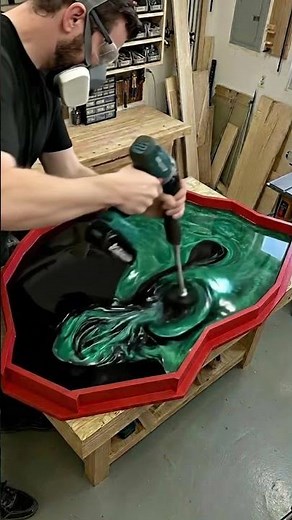 DIY Epoxy Resin Table: Satisfying Green & Black Swirl Pour! 🟢