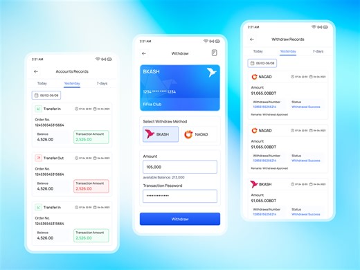 Account Reports and Money Withdraw Screens