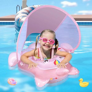 Teblint Baby Swimming Pool Float, Inflatable Baby Pool Toys with UPF 50 Canopy Safety Seat Anti-Flip Tail, Kids Water Toys Beach Suit Baby Swimming Ring Floating for Toddler Infant
