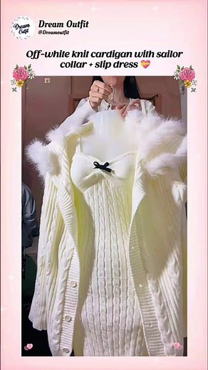 Off-white knit cardigan with sailor collar + slip dress 💝