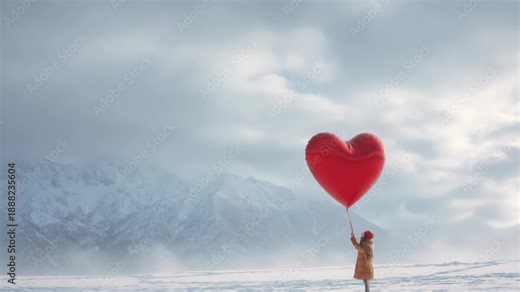 Young girl holding a large red heart balloon in a snowy mountain landscape
