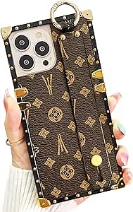 Compatible with iPhone 12 Pro Max Case Leather Rectangle,Protective Luxury Designer Case for Women Girls,with Wrist Strap Kickstand Holder Cute Phone Cover for 12 Pro Max-6.7” (Brown)