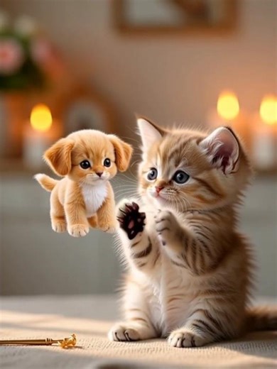 Tiny Kitten Makes Puppy Plush Appear with Glitter Magic ✨