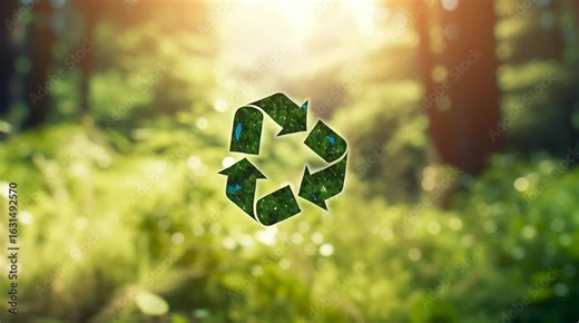 Recycle Logo in Green Environment: A vibrant recycle logo, crafted with eco-friendly materials, floats gracefully amidst a lush green forest background.
