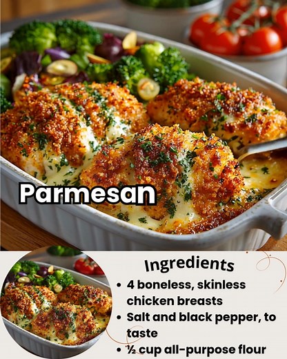 Parmesan Chicken Bake 🕒 Ready in 35 Minutes Servings: 4 Ingredients 4 boneless, skinless chicken breasts Salt and black pepper, to taste ½ cup all-purpose flour 2 large eggs 1 tbsp milk 1 cup panko breadcrumbs ½ cup grated Parmesan cheese 2 tbsp olive oil 1½ cups marinara sauce 1 cup shredded mozzarella cheese ¼ cup freshly chopped basil (for garnish) Instructions 1. Pound the Chicken Place chicken between two sheets of plastic wrap. Gently pound to ¼-inch thickness using a meat mallet or rolli