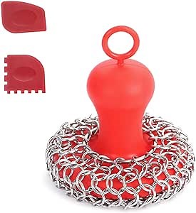 AMM Cast Iron Scrubber | Cast Iron Skillet Cleaner|Pan Scraper | Chainmail Scrubber| Pan Brush|Dishwasher Safe|Red