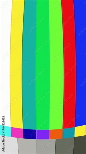 Vibrant vertical color bars illustrate a classic broadcast signal test pattern on a retro television screen display