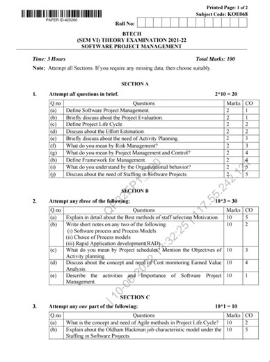 Software project management 2021-22 question paper| BTech|3rd year|Aktu|song|