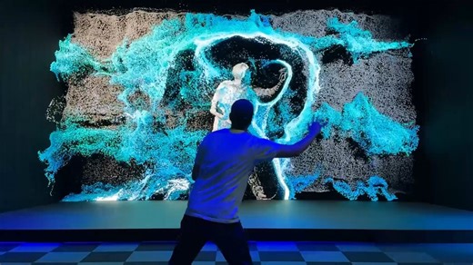 Duncan Fewkes on Instagram: "E512: "Swirly Particles 8 (Screen Test)" 🎵 NIGHT manoeuvres - Work It Out Testing swirly particles on big screen. Notes: 1) Fluid sim preset with shorter range (lower velocity propagation) works better at full screen scale - and also for multiple people, although part of that fun would be swishing fluid/particles AT each other, so needs validating with playtesting. 2) Audio response boosting position directly (rather than feeding into force levels) makes it n