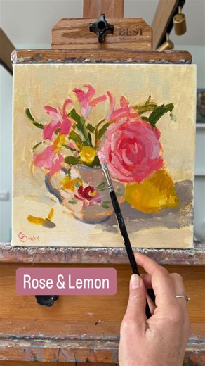 Clare Bowen Artist on Instagram: "Rose & Lemon step by step oil painting with - values, colour mixing harmony & brushwork. Hope it brings a bit of rosey sunshine to your day! 🌸 10x10” oil on canvas * Full real-time still life demo video available on my website - link in bio * #stilllifepaintings #rosemarybrushes #oilpainting #artvideos #clarebowenartistvideo"