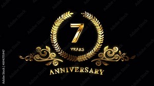 7th Anniversary Celebration. Happy 7 Years Anniversary Animation in Gold Color on the Transparent Background, Alpha Channel. Great for greetings, celebrations, events, and gifts. Stock Video