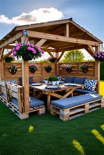 Pallet Garden Gazebo with Furniture #pallets #palette #garden #gardeninspiration #gardendesign #furniture #furnituredesign #GardenFurniture #home #HomeImprovement #homedecor #homemade #house #DIY #diyprojects | DIY Pallets Ideas