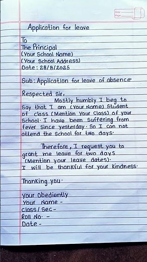 How to Write Application in English/Application for Leave of Absence to the Principal/ Application
