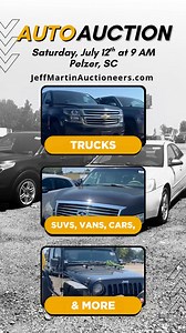 38 reactions · 3 comments |  Join us on July 12th @ 9AM ET for our upcoming Southeast Automobile Public Auction! Featuring: Vehicles, Boats, Motorcycles, and RV's ️ Join us LIVE in 1618 Auction Dr., Pelzer, SC 29669 or Bid ONLINE! Click here for more info: https://www.jeffmartinauctioneers.com/auctions/1082-southeast-automobile-auction-featuring-vehicles-boats-motorcycles-rvs-july-12th-9am-et | Jeff Martin Auctioneers, Inc | Facebook