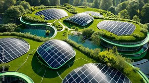Futuristic eco buildings with solar panel rooftops surrounded by lush green forest