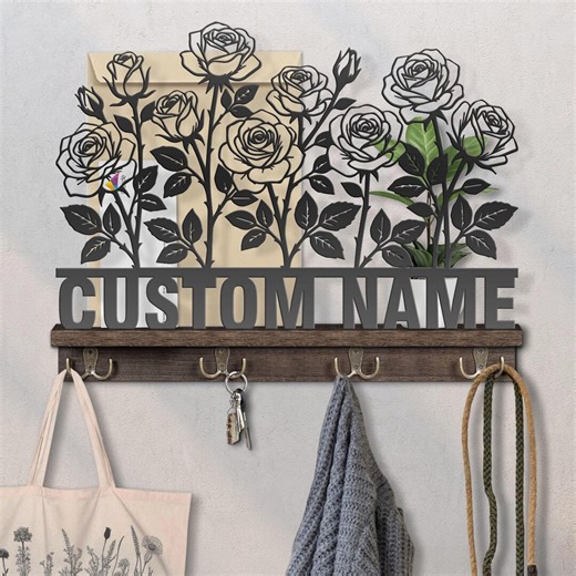 Personalized Roses Wooden Key Holder, Wall Mount Mail Sorter With Hooks - Etsy