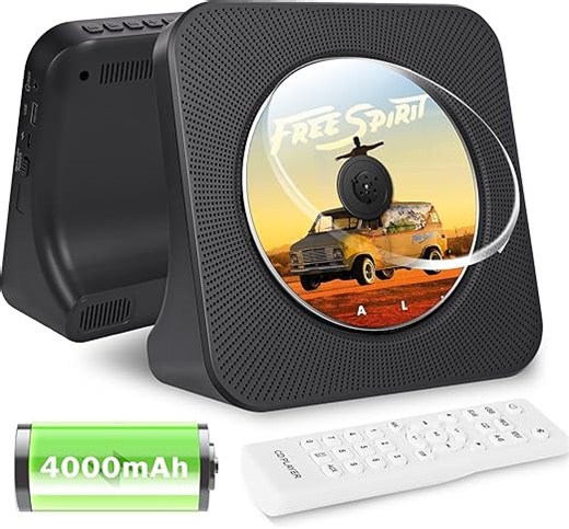 Tragbarer CD-Player Akku 4000mAh, Bluetooth CD-Player für das Auto, Kinder-Musikplayer mit Lautsprechern, Fernbedienung, Staubschutzhülle, FM-Radio, USB- und AUX-Anschluss, schwarz