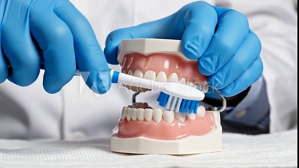 Dentist Demonstrating Correct Tooth Brushing Technique on a Jaw Model.
