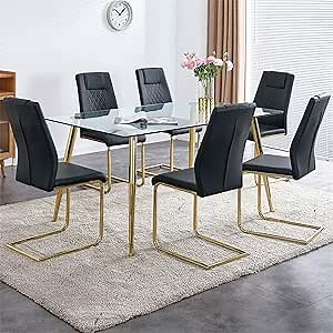 Gold Glass Dining Table Set for 6,Tempered Glass Top Kitchen Table and Faux Leather High Back Upholstered Dining Chairs,7 Piece Dining Table Set for Dinner,Apartment (51.2" Black&Gold)