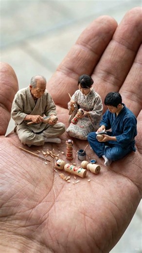 Tiny Kokeshi Doll Makers on a Human Hand | Hyper Realistic Miniature Craft
