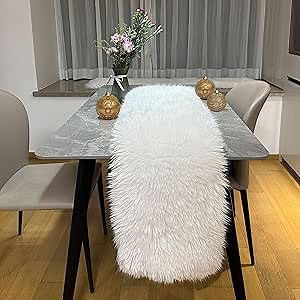 Table Runner,Christmas Fur Table Runner for Party Birthday Friendsgiving Wedding Dinning White Table Runners,Faux Fur Runner for Table(White, 12x48 Inch)