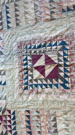Melanie | Quilt 🐉 w/a hoard of vintage quilts and fabric on Instagram: "This poor quilt is in what I call “over loved” condition. The fabrics are faded, but still beautiful. The seams might be splitting, but they were all meticulously hand sewn. The small half square triangle blocks are all a teeny tiny 2” She was headed to the landfill when I found her! I asked if I could take her home and the owner said if I paid $10 I could have it. Would you have paid? #vintage #quiltlove #vintagetextiles #