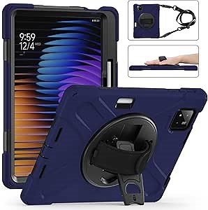 for Xiaomi Mi Pad 7/7 Pro Case, Shockproof Case with 360 Rotate Stand, Hand/Shoulder Strap, Pencil Holder, Protective Cover for Men, Women, Kids - Navy Blue